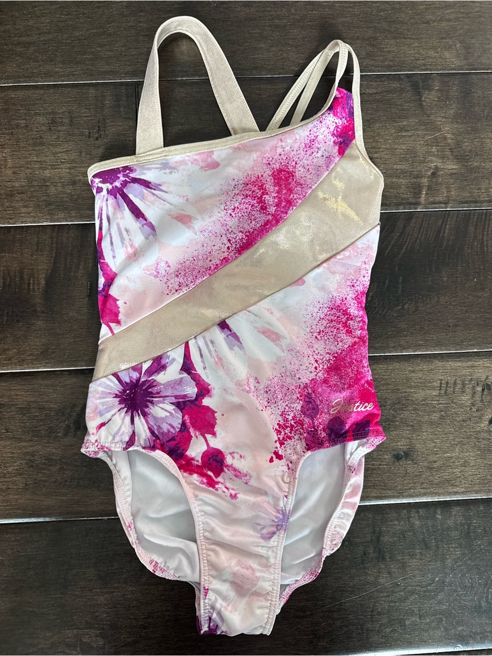 💜3/$15 Justice Girls Floral Foil Gymnastics Leotard Pink Purple Gold XS(5/6)